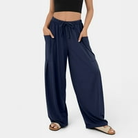 Женски летни ежедневни широки панталони за крака на свободни удобни еластични джобове на талията йога панталони ВМС 2XL