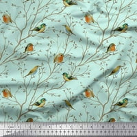 Soimoi Green Georgette Viscose Leves Leaves & FlowerPecker Bird Print Sewed Fabric Wide Yard