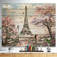 Art DesignArt „Айфел с розови цветя“ Пейзаж отпечатък върху естествена борова дървесина в. Широко инча високо