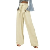 Ханас жени летни еластични панталони с висока талия, плътно цвят свободен бутон с ширина девет четвърти панталони с джобове