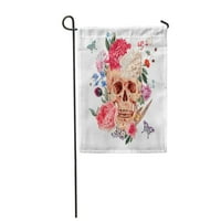 Винтидж акварелен череп и розов божур диви цветя букет пеперуда бяла градина флаг декоративен флаг къща банер