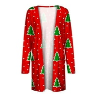 Hinvhai Женско палто плюс размер жени Коледно печат свободен с дълъг ръкав Кардиган есенно палто блуза червено 12