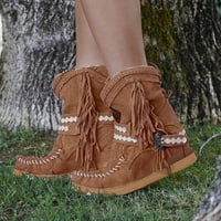 Symoid Womens Mid-Calf Boots- Кръгъл пръст с плоска пета платформа велур плосък колан катарама с къси ботуши ботуши кафяв 42