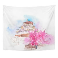 Розов абстрактна замъка Осака с черешов цвят акварел картина Древно стена изкуство висящ гоблен декор за дома за хол спалня спалня общежитие