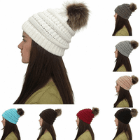 Женска зимна топла козина топка ухо на шапка с капачка за кабел кабел мека капачка-бяла