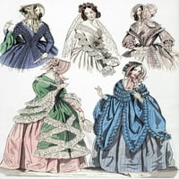 Женска мода, 1842 г. Намерикански цветен моден печат от „Лейди Книга на Godey“ на най -новите стилове от Париж, май 1842 г.