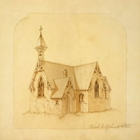 Печат: Външна гледка към каменната църква с камбанария „Стик стил“, 1850 г.