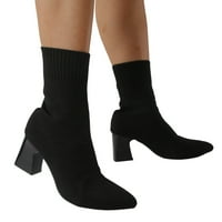 Елегантни ботуши с чорапи с топки за жени еластично издърпване на оребени ореби с нисък блок токчета Средни телешки глезени Удрупвания Черен размер37
