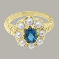 Британски направени 14k жълто злато Real Natural London Blue Topaz & Cultured Pearl Womens годежен пръстен - Опции за размер - размер 8