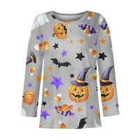 Хелоуин суичъри за жени Дамски есенни модни ризи с дълъг ръкав за жени Хелоуин модел печат графични тийнейджъри блузи ежедневни плюс размер основни върхове пуловер светло сиво s