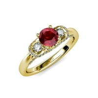 Руби и диамант три каменни пръстени с диамант на страничен бар 1. CT TW в 14K жълто злато.size 7.0