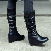 Symoid Womens Boots- Ботуши обувки на висок ток Оценени пръсти на зимните ежедневни сол в средата на Калф цип ботуши Плисийни рицарски ботуши Височина Увеличаване на черно 42