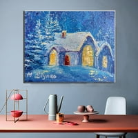 Кабинка маслена живопис зимна гора нощ къща стена изкуство синя стена изкуство плевня ферма за декорация платно