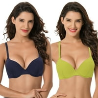 Curve Muse Woman's Light Lift Under Wire Convenable Add Cup Push Up Tshirt Bra-2pk-Navy, Lime-44C