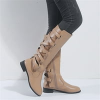 Symoid Womens Mid-Calf Boots- Модни ботуши с голям размер Есен дълга тръба дантела нагоре с дебели обувки за пети Ботуши бежово 37