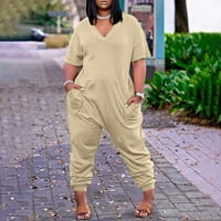 Umitay Jumbsuits за жени Casualwomen's Plus Size Loose Casual Short Dleave V-Neck Solid Pocket Jumpsuit