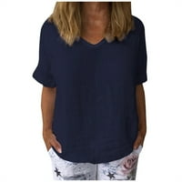 zhizaihu дамски мода ежедневна тениска с тениска от шия солиден цвят свободен къс ръкав блуза върхове ВМС XL