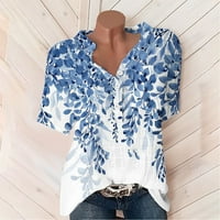 Летна тениска с къс ръкав за жени ежедневен бутон v Врат свободни годни върхове удобно памучно бельо флорално блуза ризи блузи ризи