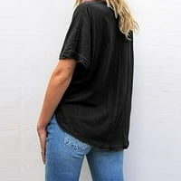 Tklpehg Дамска тениска с къси ръкави просвета лято свободни дами върхове с къси ръкави върхове за свободното време модна мода v-образно копче за тениски ризи обикновена цветна риза черна 10